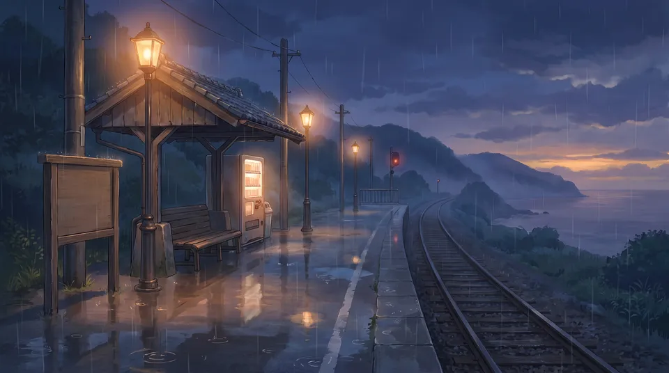 Shiomi Station platform — dusk, rain